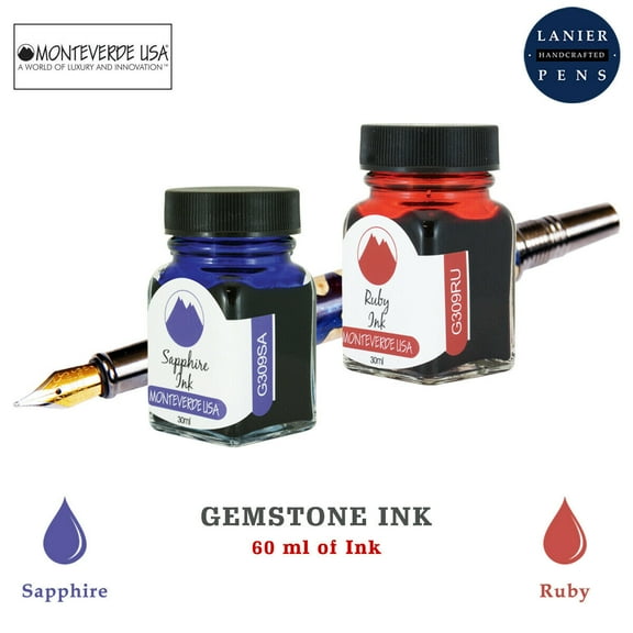 Monteverde 60ml Gemstone Fountain Pen Ink Bottle (30ml Sapphire Ink Bottle G309SA, 30ml Ruby Ink Bottle G309RU)