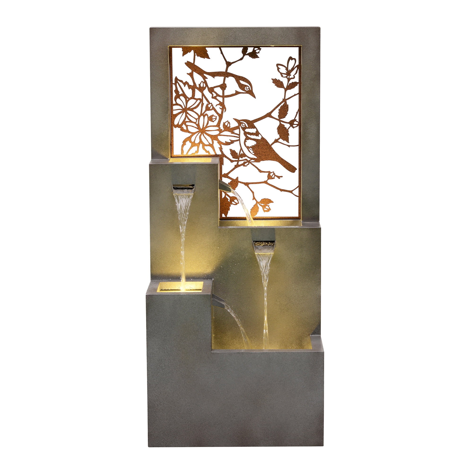 Metal Water Fountain with Bird Design and LED Lights - Outdoor