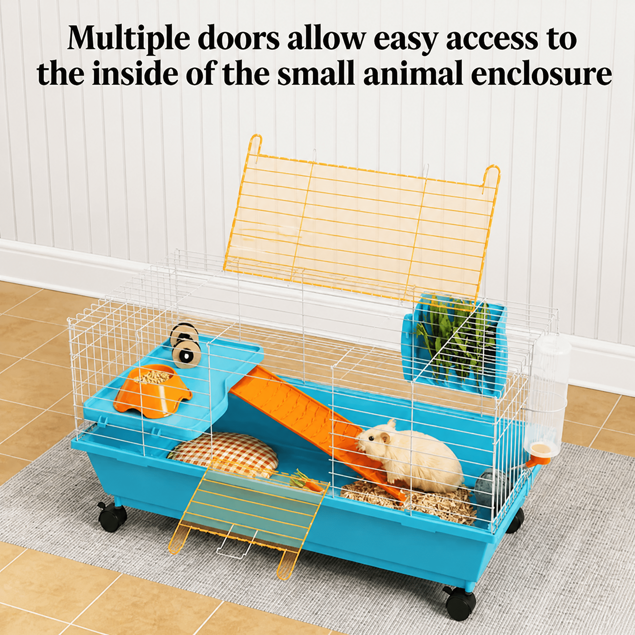 Mobile Deep Base Small Animal Cage With Wheels, Multi-Door Rabbit Guinea Pig Hutch With Ramp Platform Hay Feeder Water Bowl Indoor Pet Habitat For Chinchillas