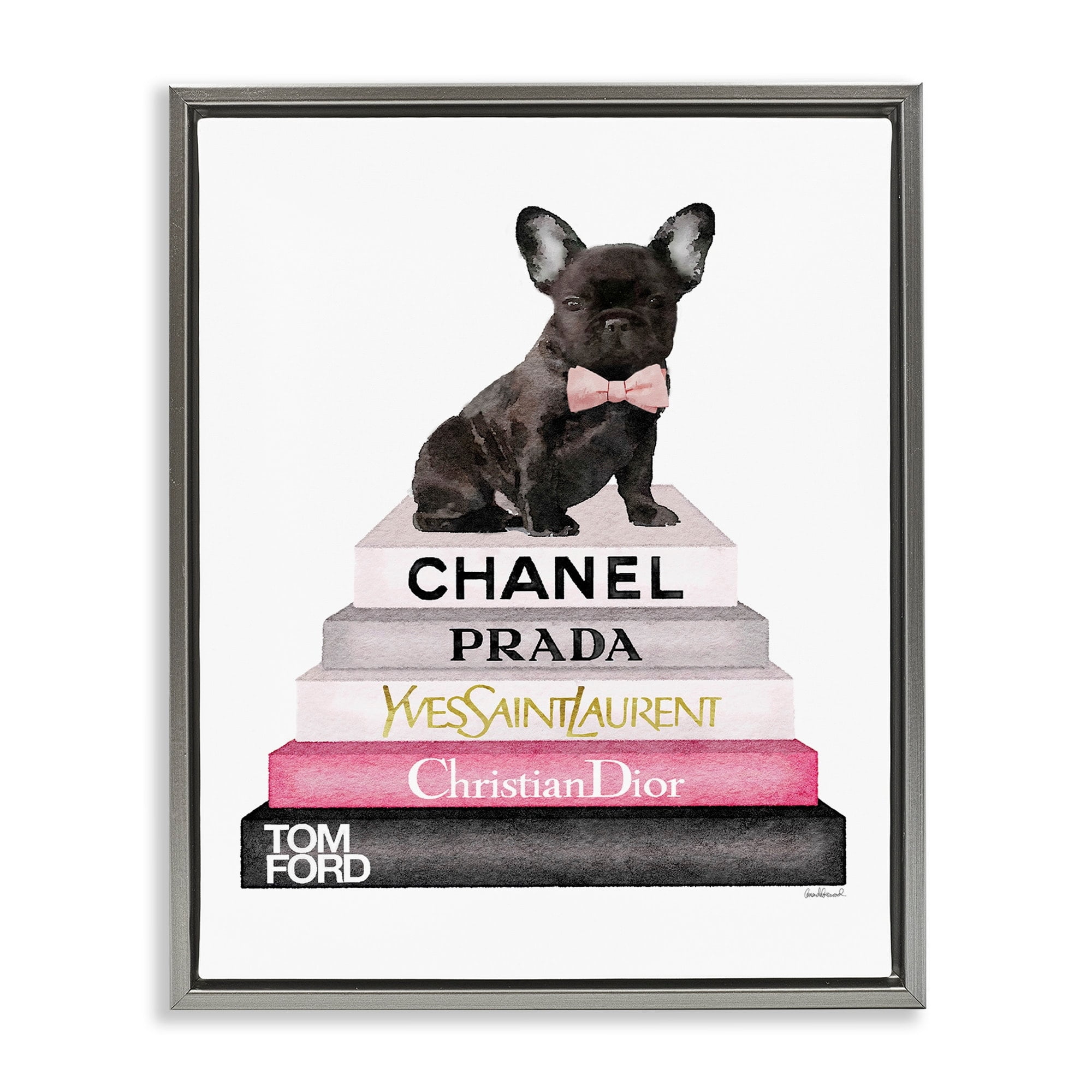 Stupell Industries Book Stack Fashion French Bulldog Luster Gray Framed Floating Canvas Wall Art, 16x20, by Amanda Greenwood