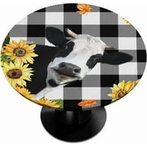 White Black Buffalo Cow Sunflower Fitted Tablecloth Round with Elastic Edged, Tartan Checker Waterproof Wipe Clean Table Cover for Outdoor Indoor Patio Kitchen - Fits Tables 36" to 42" Diameter