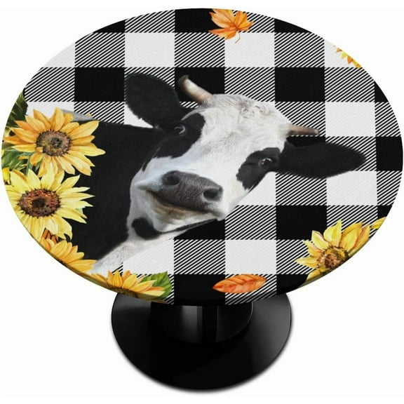 White Black Buffalo Cow Sunflower Fitted Tablecloth Round with Elastic Edged, Tartan Checker Waterproof Wipe Clean Table Cover for Outdoor Indoor Patio Kitchen - Fits Tables 36" to 42" Diameter