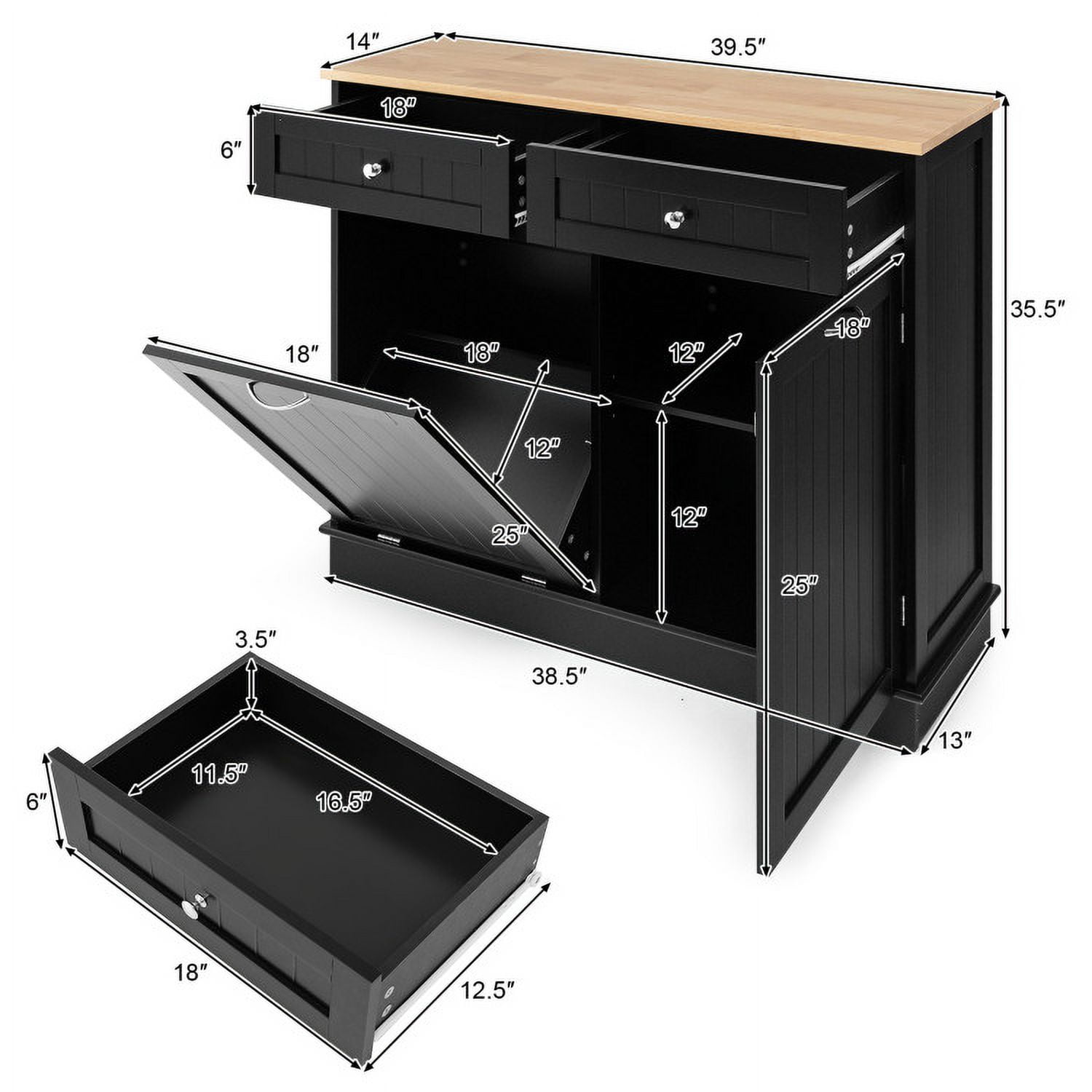 Finihen Kitchen Storage Cabinet, Buffet Sideboard, Rubber Wood Kitchen Trash Cabinet with Single Trash Can Holder and Adjustable Shelf, for Dining Room, Kitchen, Living Room, Black Finihen Kitchen Storage Cabinet, Buffet Sideboard, Rubber Wood Kitchen Trash Cabinet with Single Trash Can Holder and Adjustable Shelf, for Dining Room, Kitchen, Living Room, Black