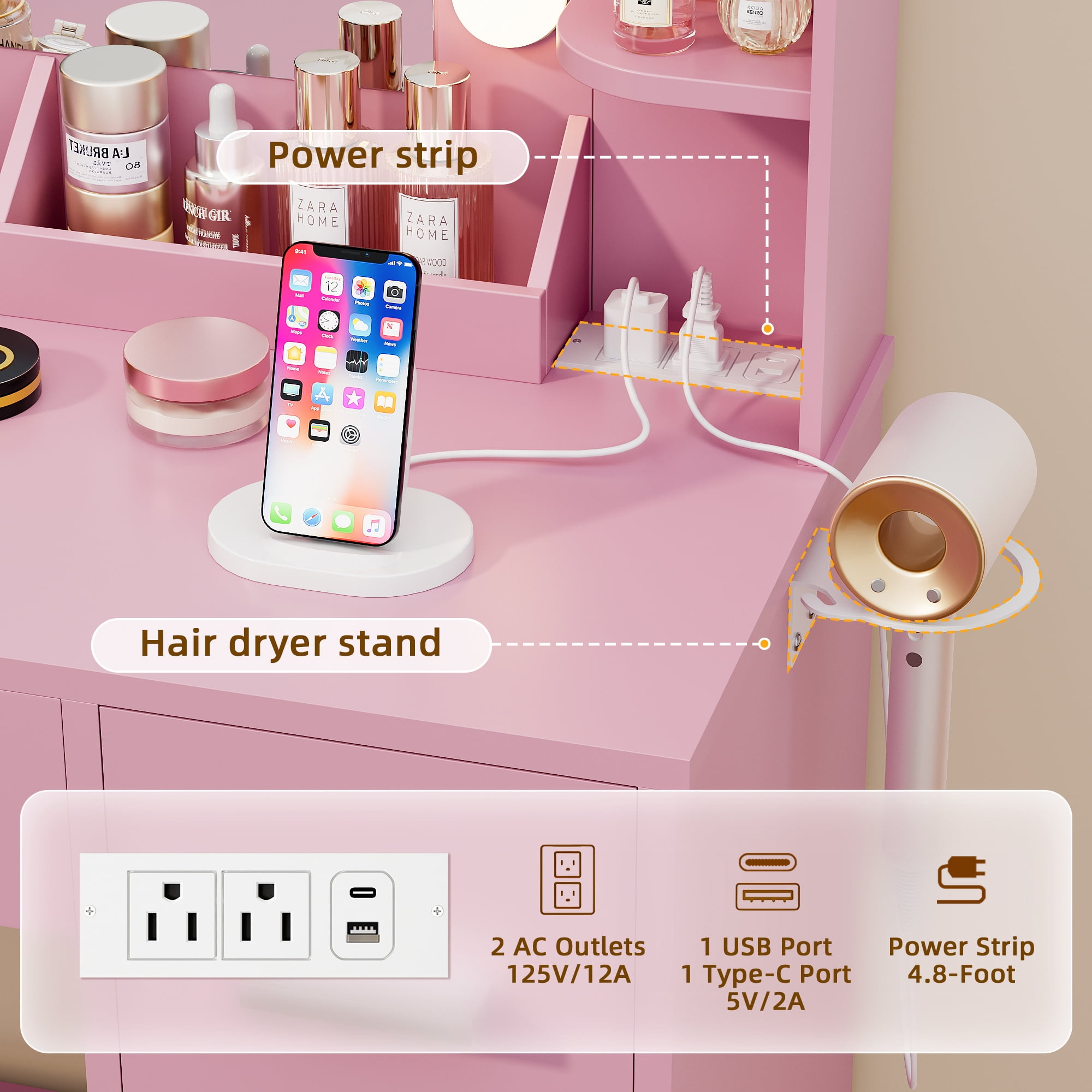 Homall Vanity Desk with Lights & Mirror, Makeup Vanity Set with Power Outlet & Storage Drawers Shelves for Bedroom, Pink