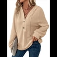thumbnail image 2 of Sudadera con Capucha para Mujer, de Punto Gofre, Larga, Cordón Ajustable, Botones, Cuello en V, Informal, con Capucha Albaricoque XXL, 2 of 8