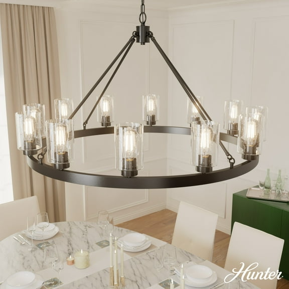 Hunter - Hartland 12-light Noble Bronze, Extra Large Chandelier, Dimmable, Transitional Style, Wagon Wheel Shaped, for Bedrooms, Dining, Living Rooms - 13061