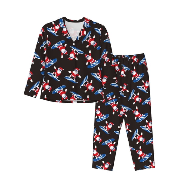 Fotbe Surfing Santa Conjunto de Pijama de Manga Larga para Mujer con Estampado, Ropa de Dormir de 2 Piezas, Conjunto de Casa Suave y Cómodo con Bolsillos-Large