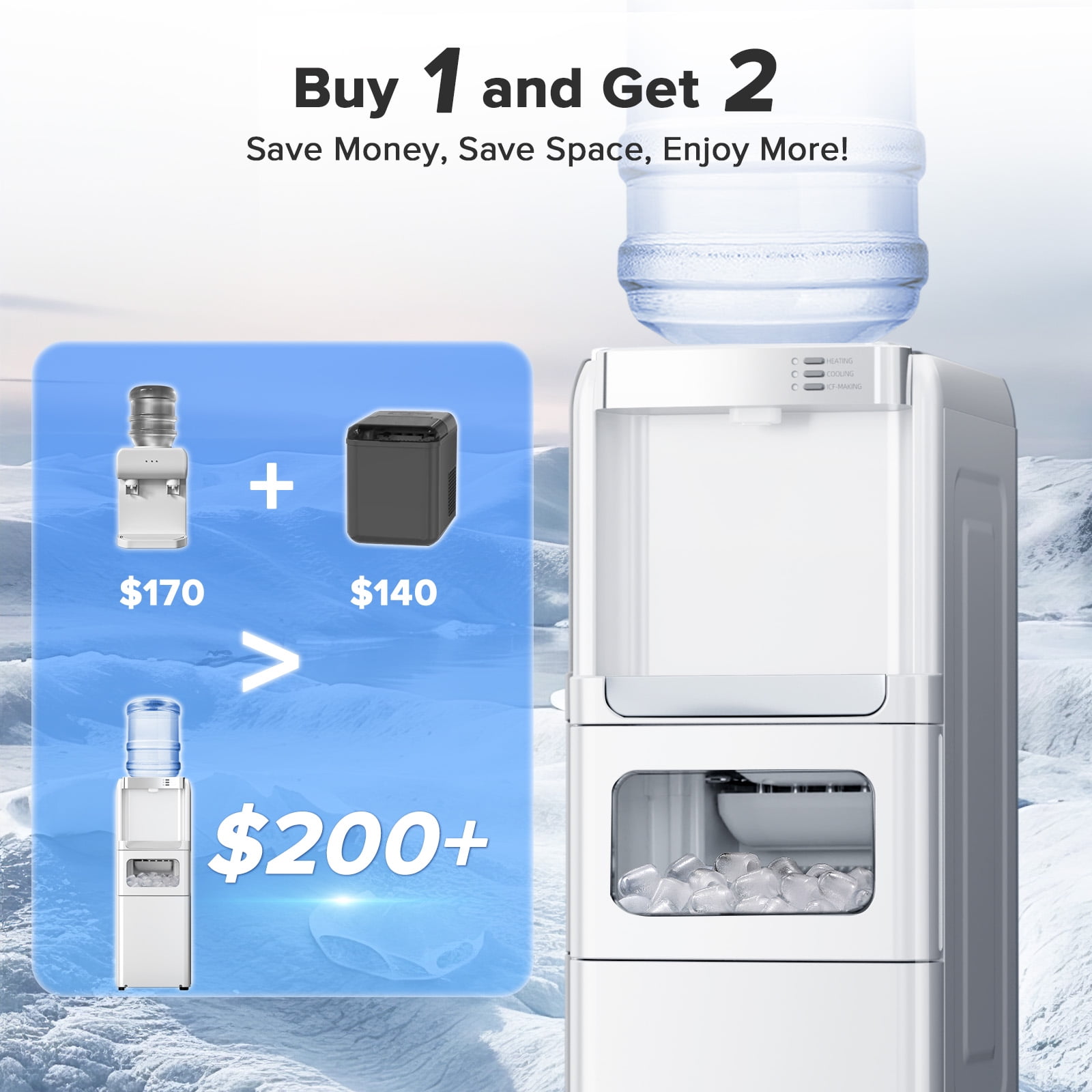 LHRIVER 5 GallonTop Loading Water Dispenser & Ice Maker, 3-in-1 Hot/Cold/Ice, Child Lock & Energy-efficient, for Home/Office, White
