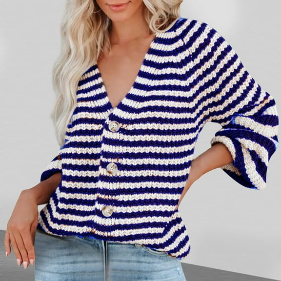 Amidoa Long Sleeve Womens Sweaters Button up Cardigan Blue Striped Oversized Long Cardigans Womens Sweaters Cardigan L