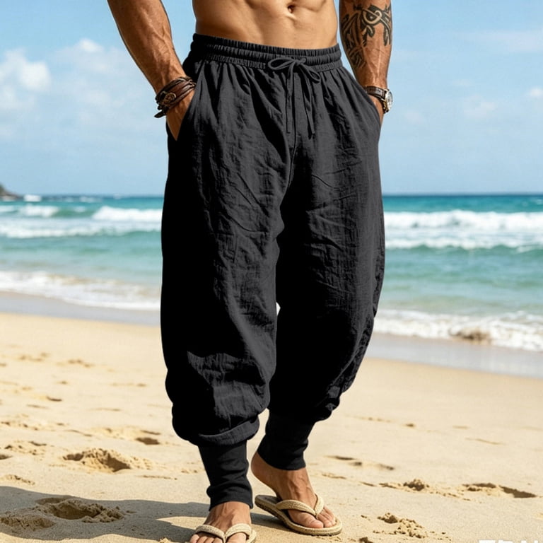 Dresfit Mens Linen Pants Color Block Cinched Bottom Hippie Harem
