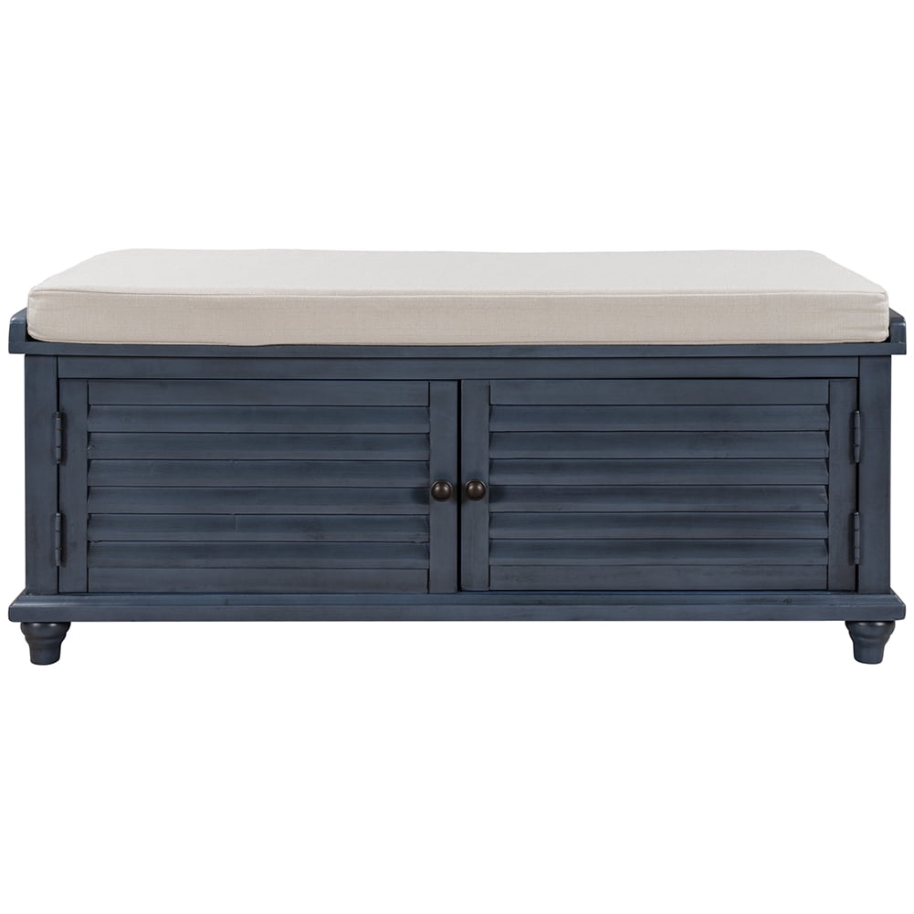 Lowestbest Storage Bench with Removable Cushion, Louver Design Wooden Shoe Bench for Entryway Living Room Bedroom (Navy Blue) Lowestbest Storage Bench with Removable Cushion, Louver Design Wooden Shoe Bench for Entryway Living Room Bedroom (Navy Blue)