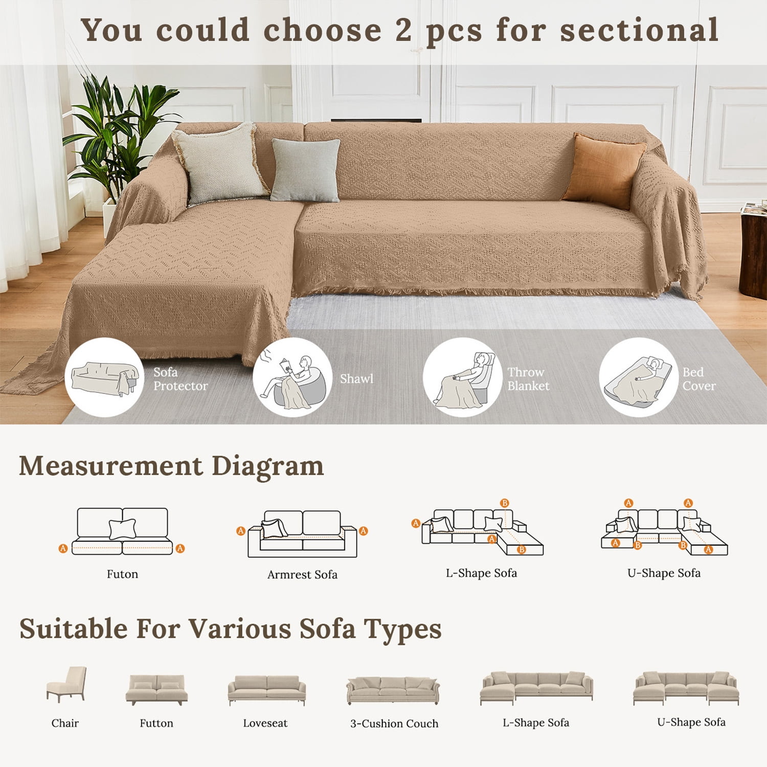 Sanmadrola Couch Cover for 2 Seat Sofa Slipcovers Cover Cotton Knit Cushion Couch Furniture Pet Protector Stylish Throws for Sectional Couch Sofa-2 Seater Geometrical 71''x 118''Khaki 1 Piece