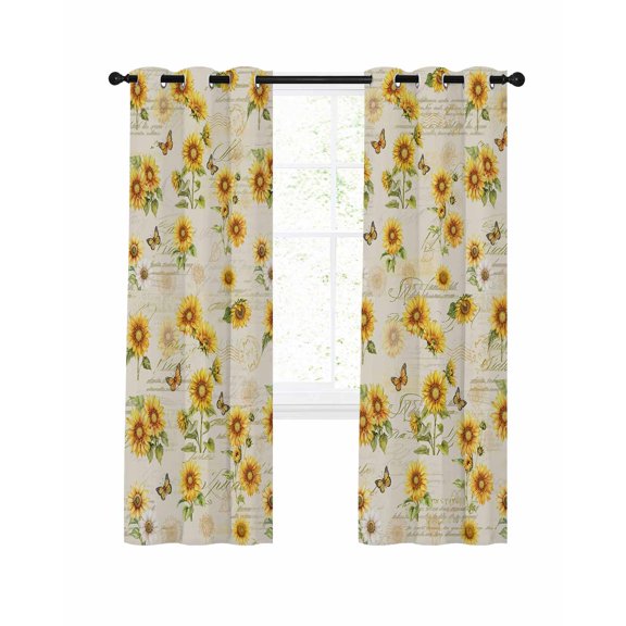 Summer Sunflowers Blackout Curtains, Light Blocking Print Window Curtains, Country Butterfly Botanical Floral Thermal Insulated Window Drapes for Living Room Kitchen Cafe 2 Panels, 55"W x 39"L