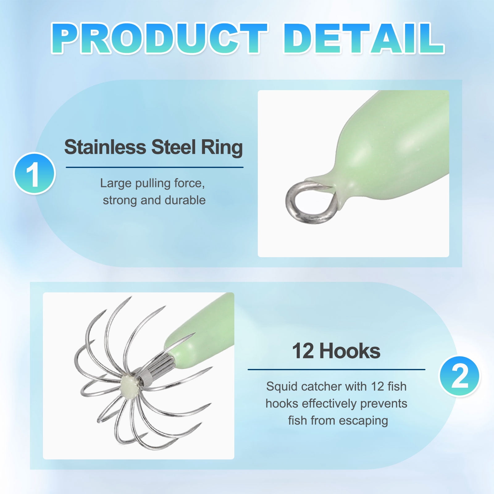 Uxcell Luminous Squid Jig Hooks, 55g Squid Jigs Saltwater Glow in Dark with 12 Stainless Steel Needles Fishing Lures Bait 4'' & 8Pcs & Green - Fit for Cuttlefish Sleeve Night Fishing