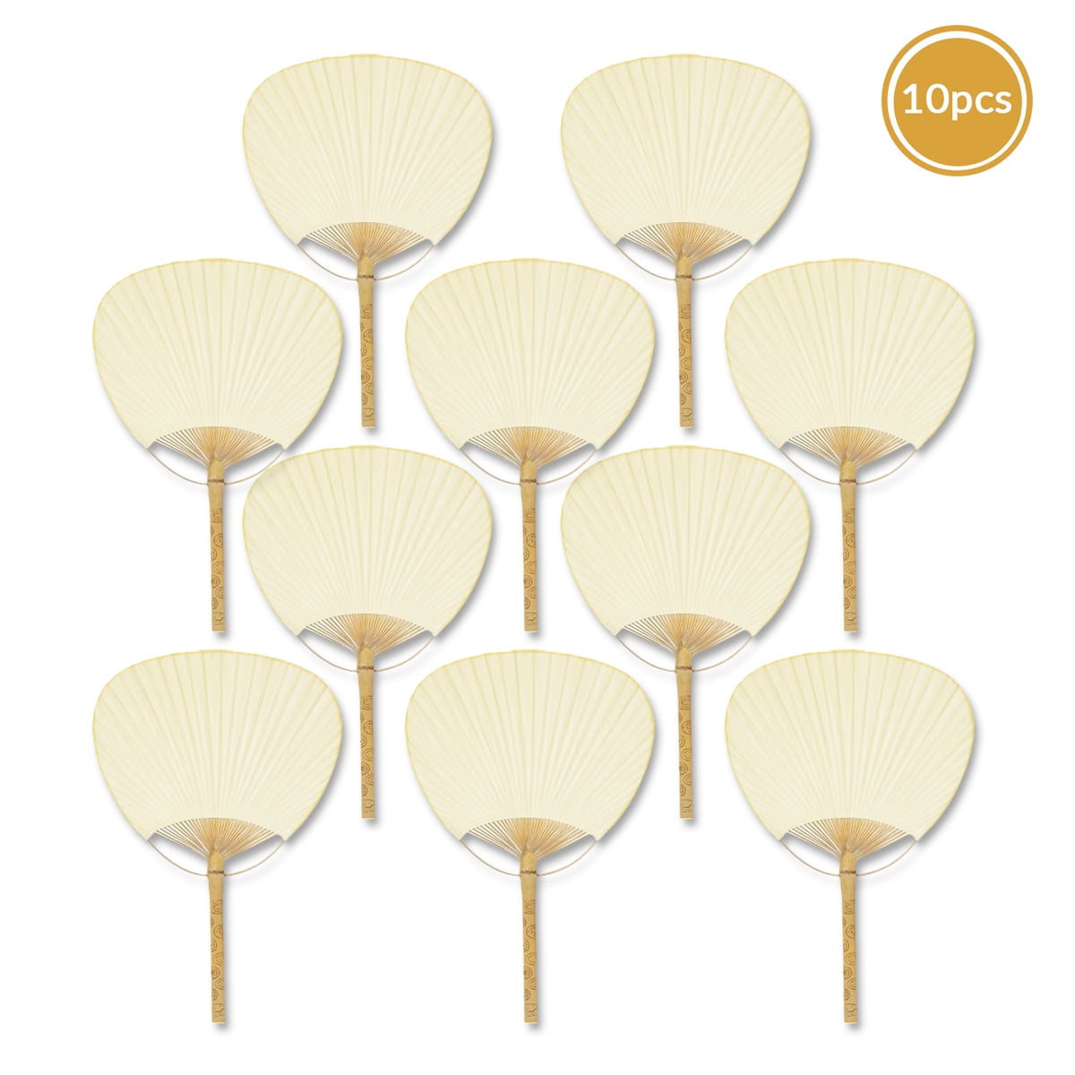 Quasimoon 9" Beige / Ivory Paddle Paper Hand Fans for Weddings (10 Pack