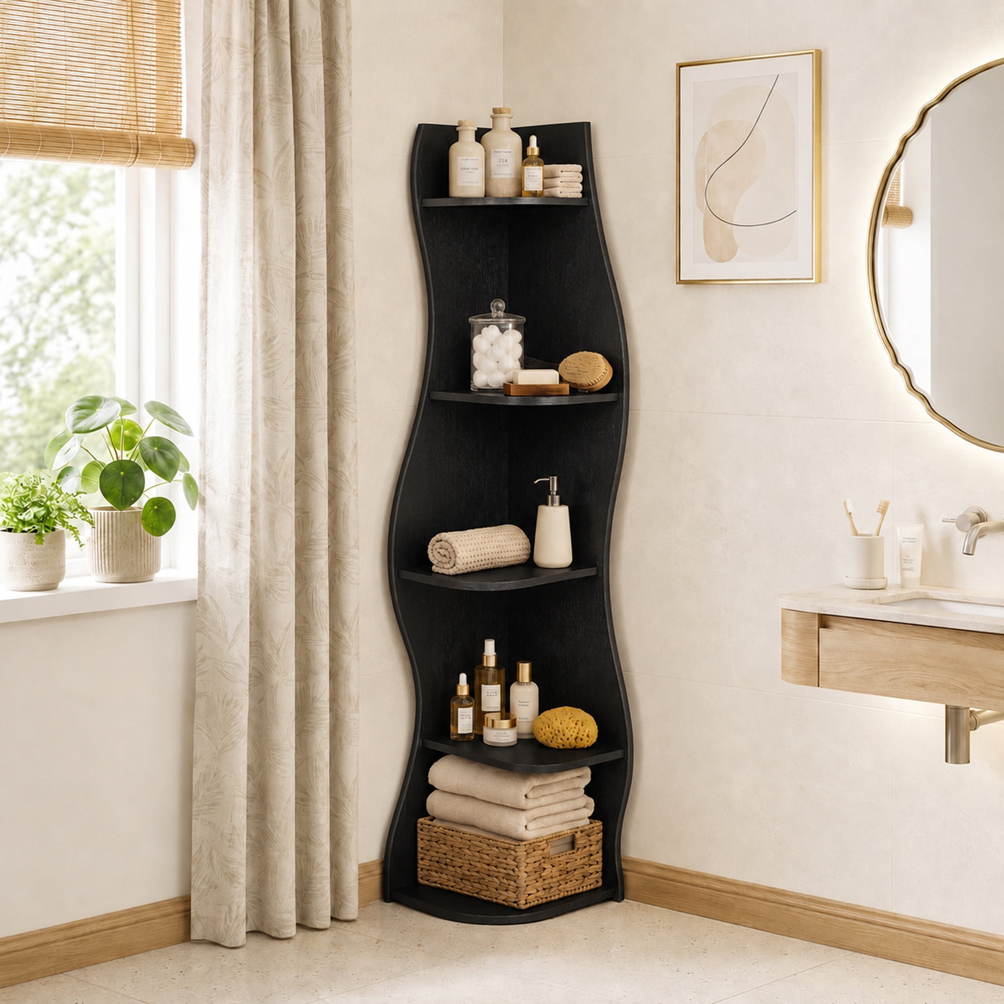 Leumius 5-Tier Bookshelf,Freestanding S-Shaped Corner Shelf Curved Display Rack,Space-Saving Corner Display Bookshelf/Plant Stand for Living Room Home Office,Black