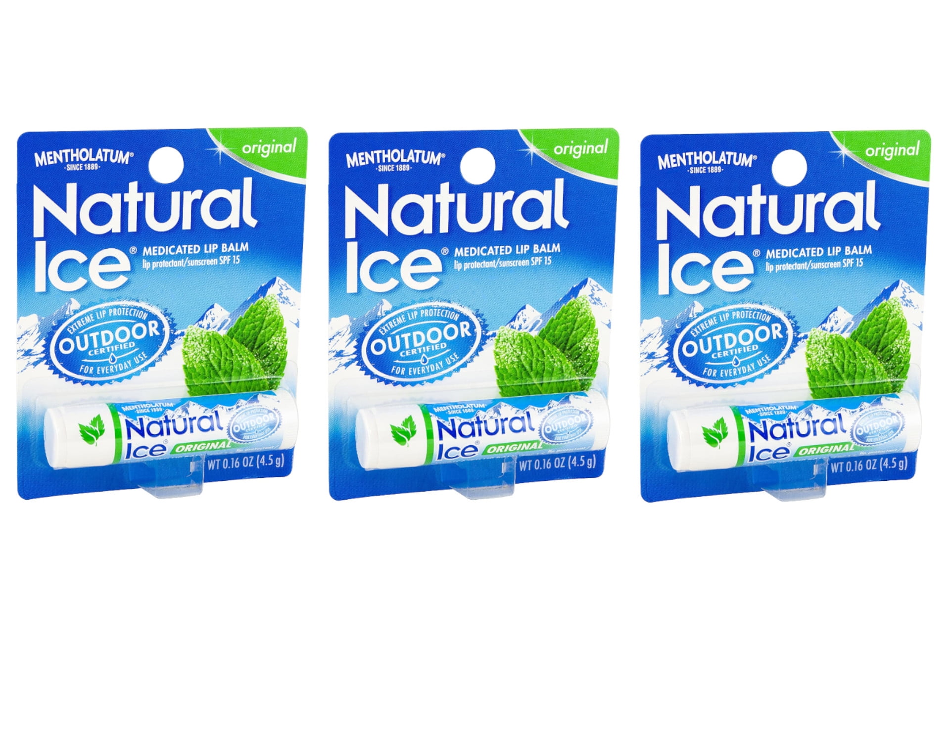3 Pack MENTHOLATUM NATURAL ICE MEDICATED ORIGINAL SPF 15 LIP PROTECTANT BALM