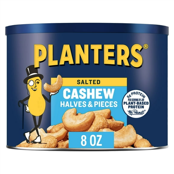 (2 Pack) PLANTERS Salted Cashew Halves & Pieces, Party Snacks, Plant-Based Protein 8oz (1 Canister)
