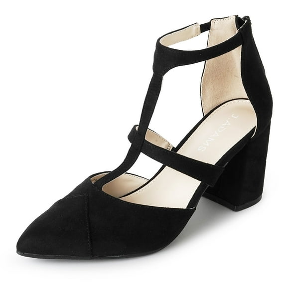 J. Adams Michelle Women's Chunky Block Heel Pointed Toe T-Strap Dress Shoes - Elegant Suede Pumps for Office & Party
