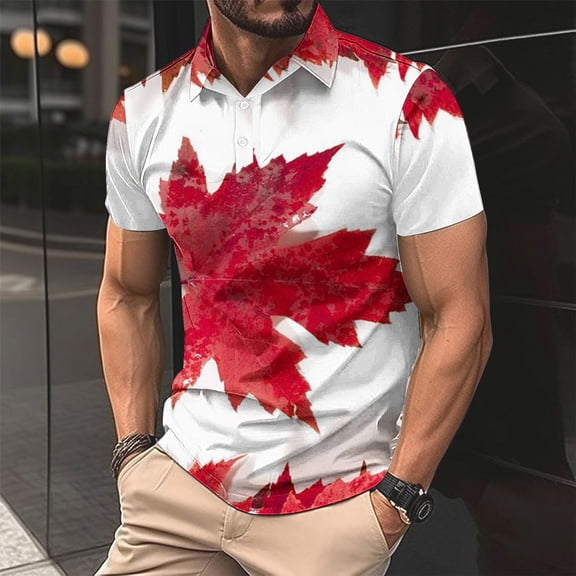 Afuyipoi Men's Canada Print Button Shirt,Casual Lightweight Summer Short Sleeve Tees Red XL