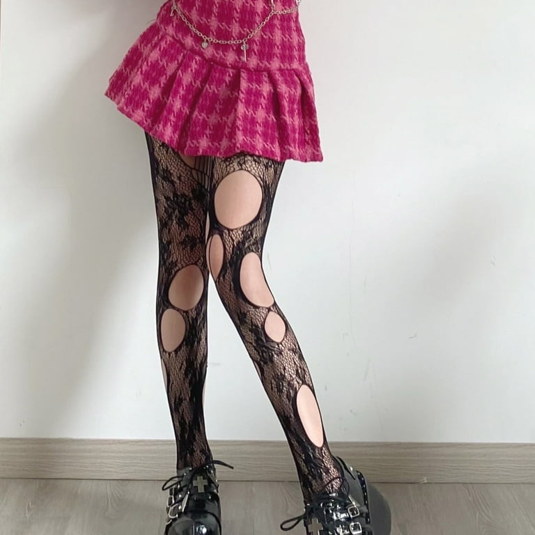 Women Gothic Punk Black Fishnet Pantyhose Lolita Irregular Ripped Beggar  Holes Mesh Tights Floral Patterned Stockings 