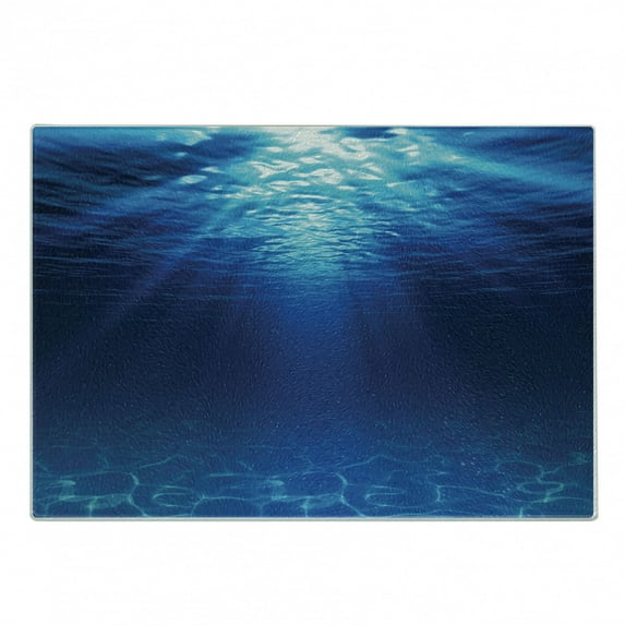 Ocean Cutting Board, Underwater View Sandy Seabed Aquatic Scenes Sunbeams Nature Picture Print, Decorative Tempered Glass Cutting and Serving Board, Small Size, Navy Blue Aqua, by Ambesonne