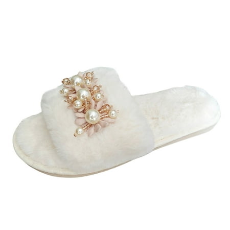 

Ediodpoh Ladies Fashion Winter Plush Pearl Flower Decoration Open Toe Flat Bottom Cotton Slippers Women s Slippers Beige 8.5