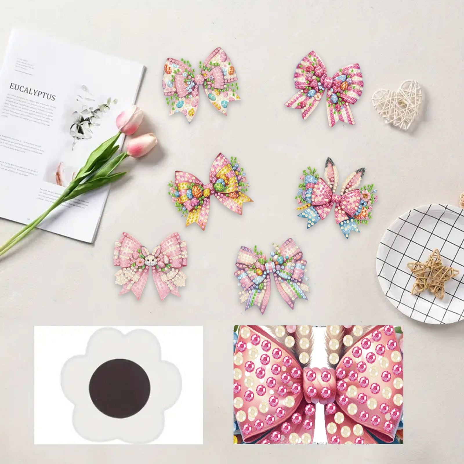FLOPESN 6Pcs Holiday DIY Diamond Art Painting Refrigerator Magnet,Creative Design Easter St. Patrick's Day Acrylic Home Decors-Bow