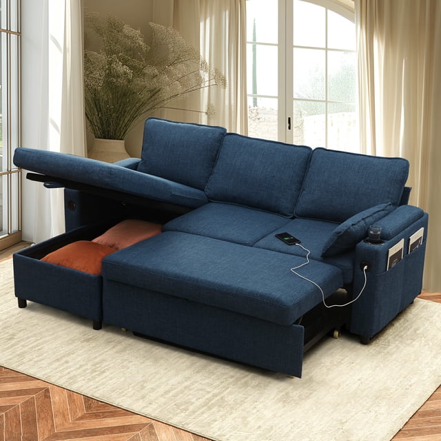 Sectional Sleeper Sofa L shaped Charging Couch with Usb Storage Chaise Reversible Pull Out Bed for Small Space, Blue