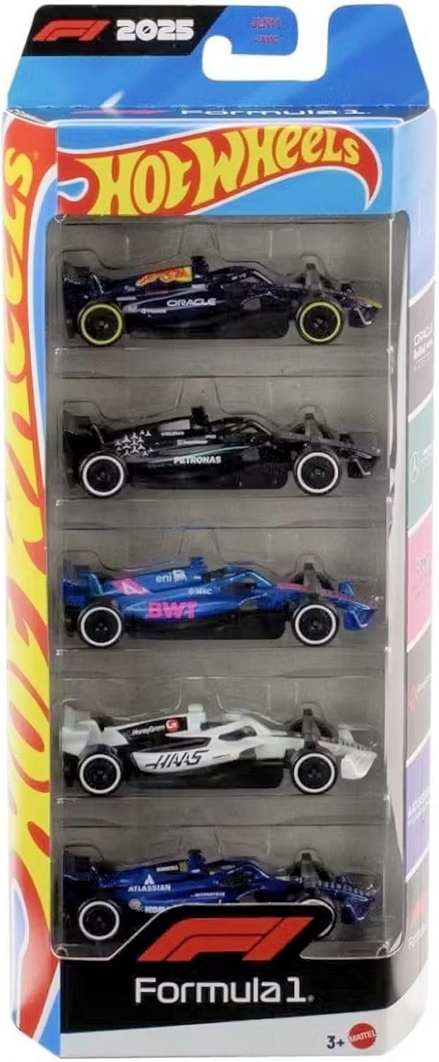 Hot Wheels Formula 1 Die-Cast Cars, Bundle of F1 2024 & 2025 Teams 5 Packs and Scuderia Ferrari HP Short Card, Ages 3+