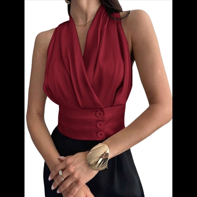 Blusas Plisadas Sin Mangas con Cuello en V para Mujer, Camisas Elegantes de Oficina. Rojo M