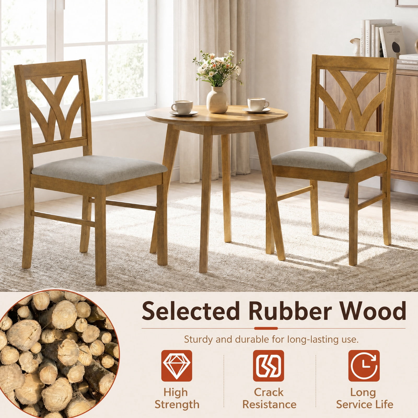 Furnibear Upholstered Wooden Dining Chairs Set of 2 with Hollowed Backrest and Padded Seats on Solid Rubber Wood Frame, Oak