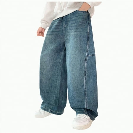 CAICJ98 Boy Baggy Jeans Wide Leg Elastic Waist Denim Pants Loose Fit Trousers Vintage Y2K Streetwear Jeans for Boys (Blue 11-12 Years)