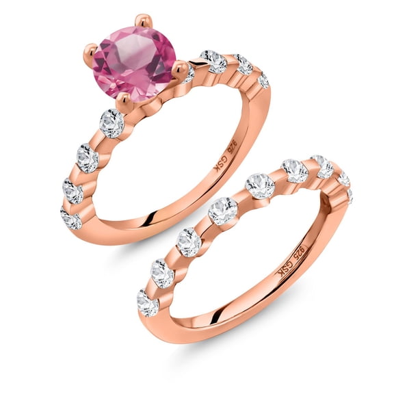 Gem Stone King 18K Rose Gold Plated Silver Pink Mystic Topaz and White Topaz Wedding Engagement Ring Band Bridal Set for Women (3.01 Cttw, Gemstone November Birthstone, Round 7MM, Size 9)