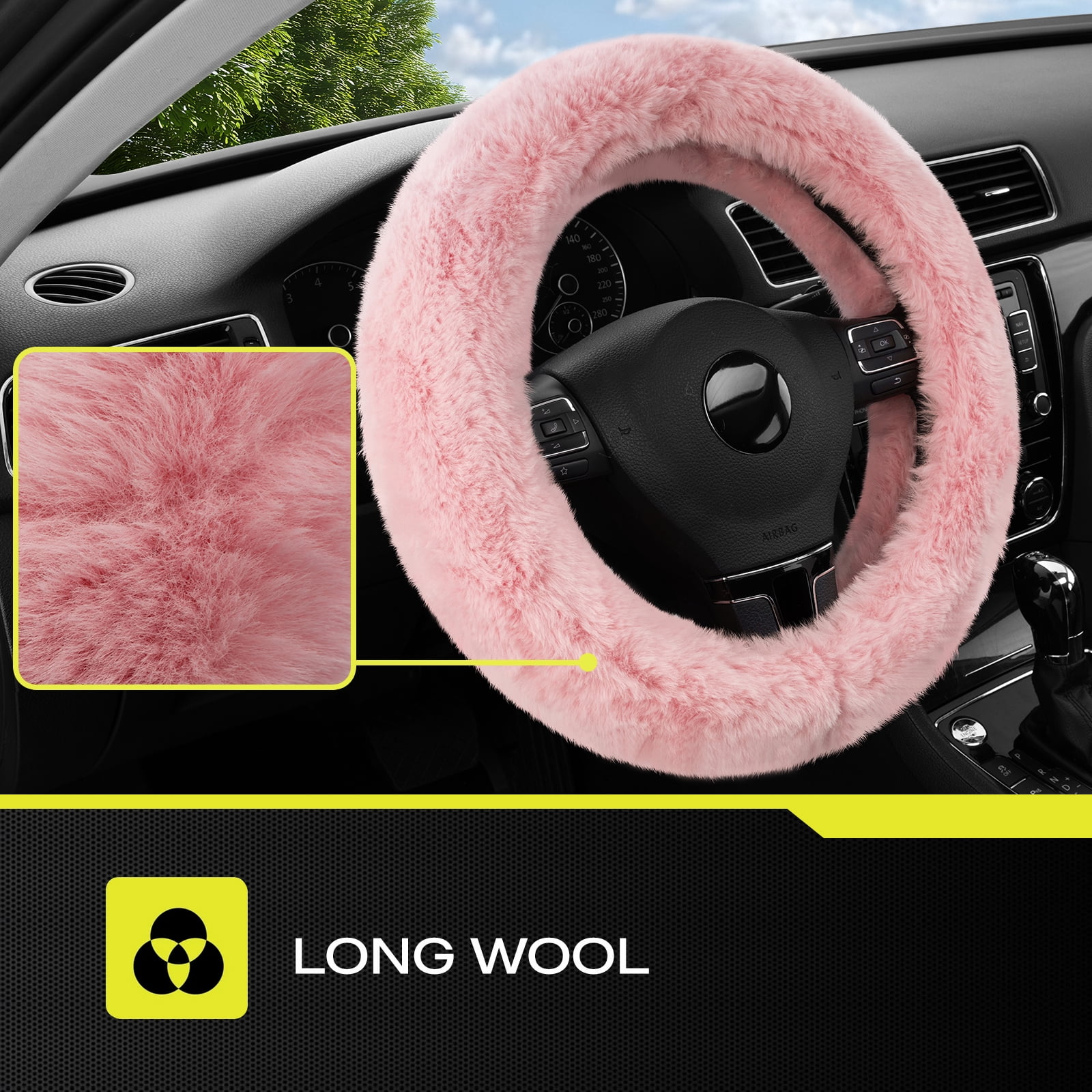 Auto Drive Fuzzy Steering Wheel Cover, Soft Plush Faux Fur Steering Wheel Cover, Cozy Warm Steering Wheel Cover Non-Slip, Universal Fit for Cars SUV Truck, Fits 14.5"–15", Pink