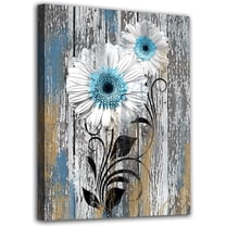 Farmhouse Floral Wall Art Flowers Canvas Pictures White Daisy Wall Decor Retro Grey Wooden Board Painting Country Artwork for Living Room Kitchen Bedroom Home Decor Framed Ready to Hang 12x16