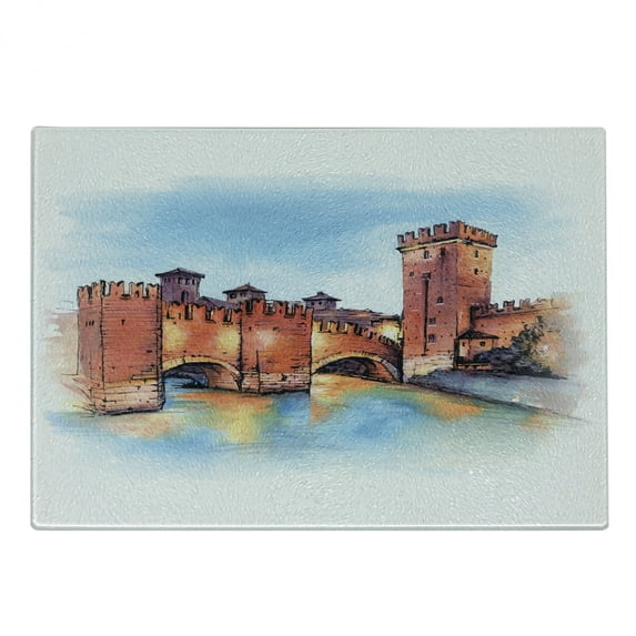 Travel Cutting Board, Medieval Time Stone Scaligero Bridge and Tower Scene Drawn by Hand, Decorative Tempered Glass Cutting and Serving Board, in 3 Sizes, by Ambesonne