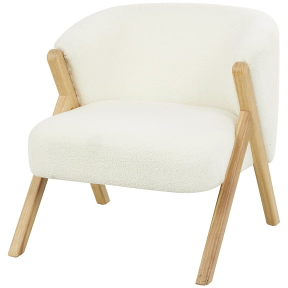 DecMode Polyester Rounded Boucle Lounge Chair with Angled Wooden Legs, White