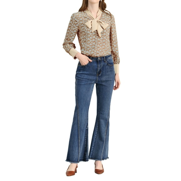 Blusa de mujer Allegra K con estampado floral bohemio, mangas largas, lazo en el cuello en V, talla M, color caqui