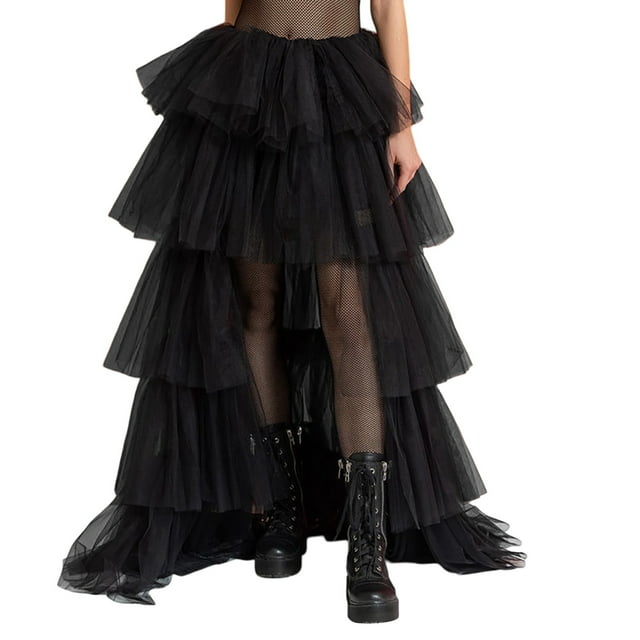 GPOECD Women A Line Maxi Tutu Skirt with Elastic Waist Long Layered Mesh Party Rave Puplum Design Z9163-Black,