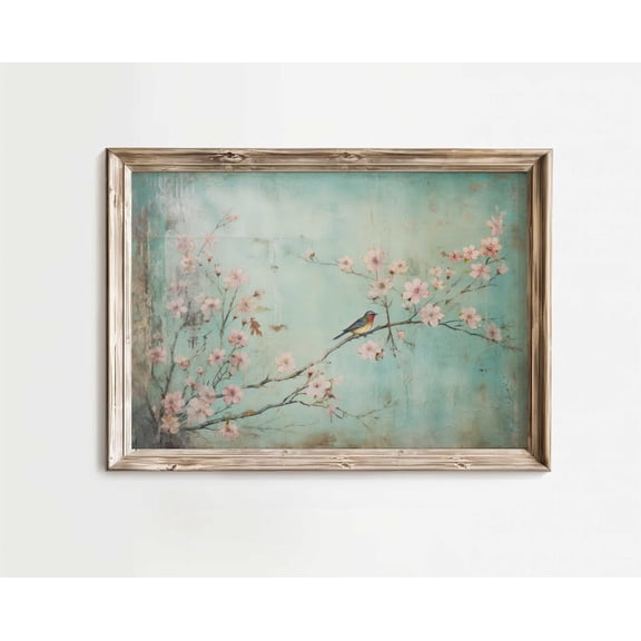 Cherry Blosson Art, Small Bird Print, Vintage Turquoise, Cherry Tree Branch, Rustic Floral Wall Art, Horizontal Flower Wall Decor Wall Art, Modern Wall Decor, 8x12 UNFRAMED