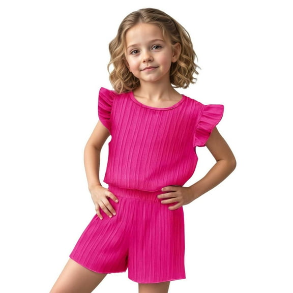 REDARER Summer Toddler Girls Fly Sleeve Solid T Shirt Tops Shorts Outfits,4-5 Years