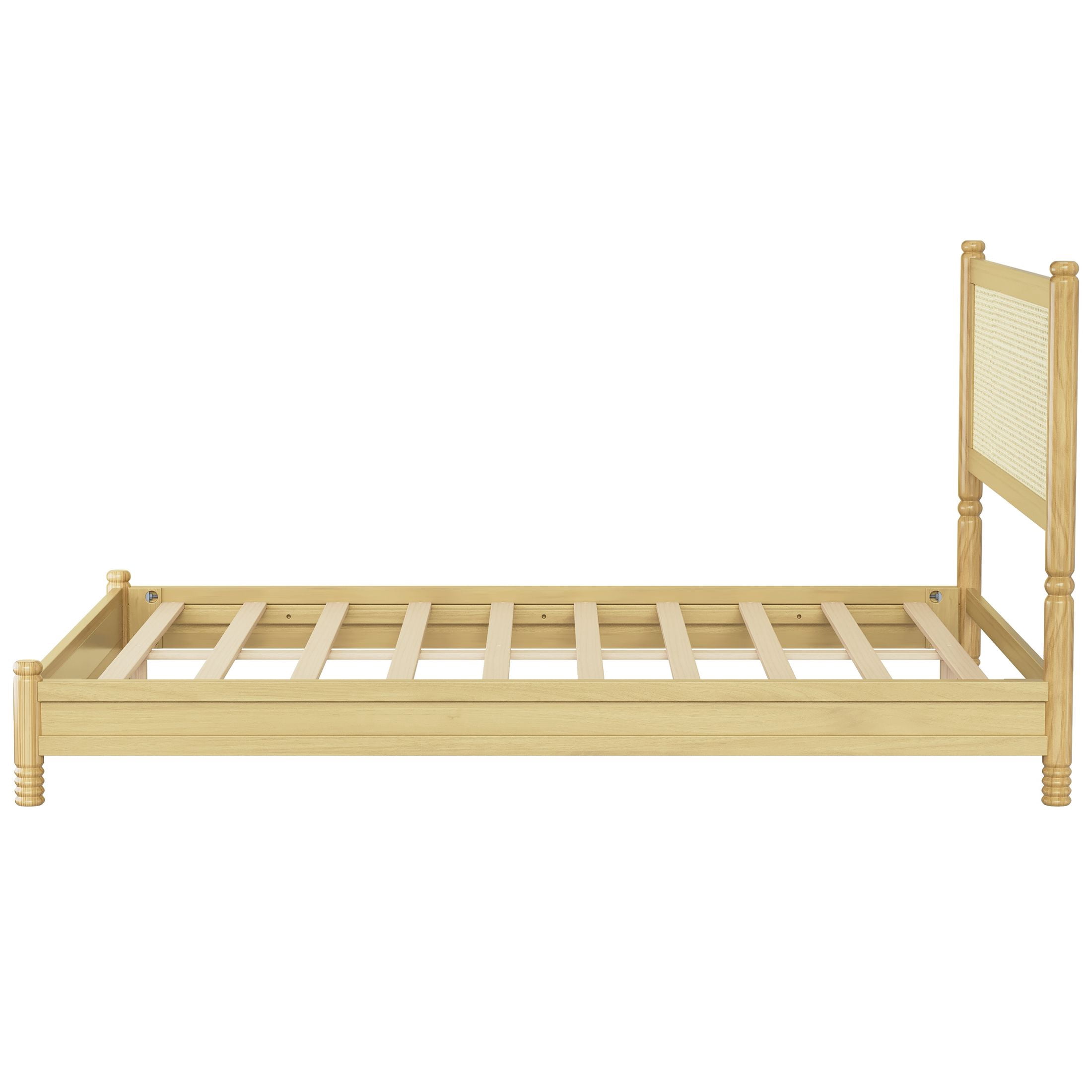 GDF Studio Annes Queen Size Boho Rattan Platform Bed Frame with Turned Legs, Woven Cane Pine Wood Bed Frame, Natural
