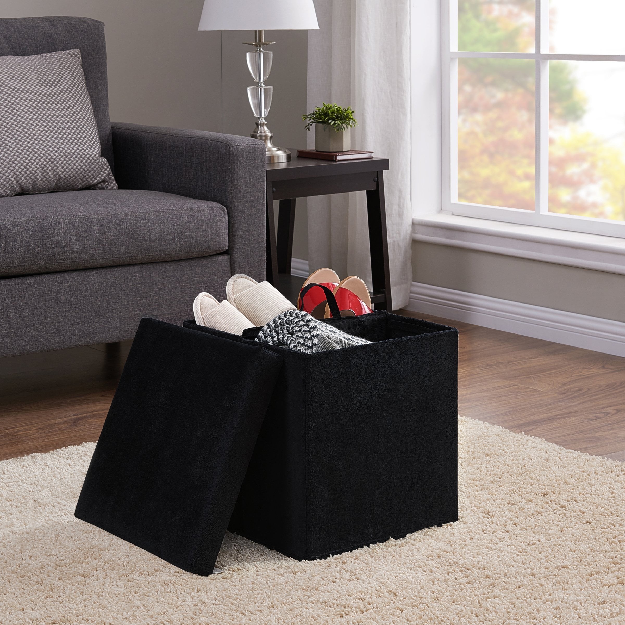 Mainstays Collapsible Storage Ottoman Plush Black Walmart