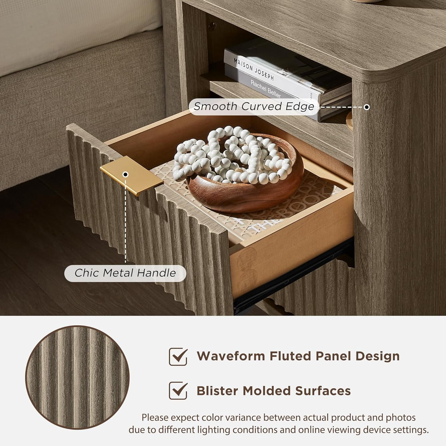 KeyWhat Modern Nightstand with Charging Station, Mid-Century Wood End Table Side Table for Living Room, Fluted Panel, Grey Alder