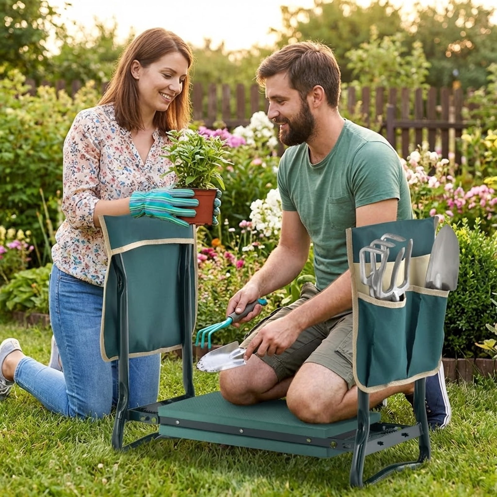 Biotree Folding Garden Kneeler and Seat Bench with EVA Foam Pad and Tool Pouches 330 lbs Capacity Steel Frame Green - Portable Outdoor Gardening Stool