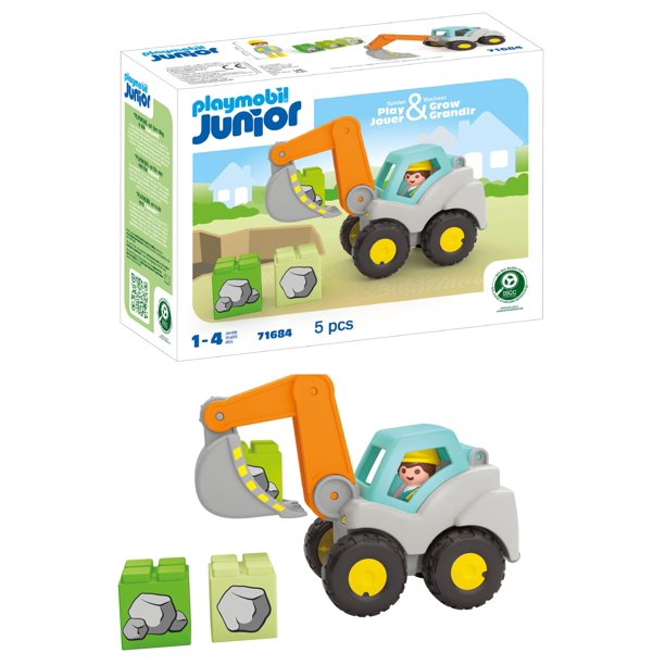 Excavadora de juguete Playmobil Junior con pala, figura y 3 bloques