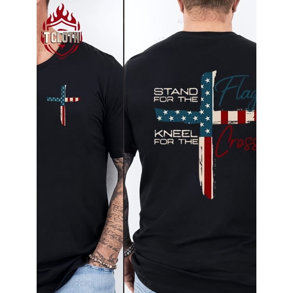 Men's Patriotic American Flag Cross T-Shirt Stand For The Flag Kneel For The Cross Graphic Tee Short Sleeve Cotton Top Retro Religious Faith Apparel