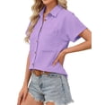 thumbnail image 4 of Fantaslook Womens Button Down Shirts Cotton Linen Short Sleeve Shirt Lapel Work Blouses Casual Summer Tops with Double Pockets, 4 of 11