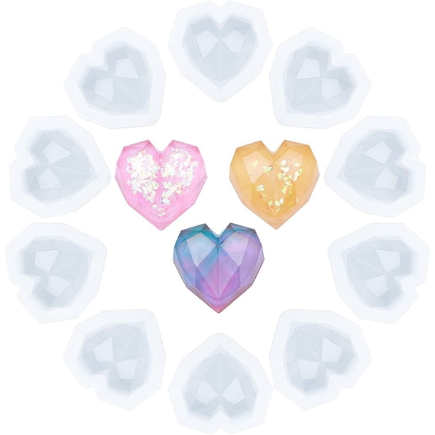 10 moldes de resina de silicona con forma de corazón facetado para fundición de resina, para joyería de resina, manualidades DIY, transparentes.